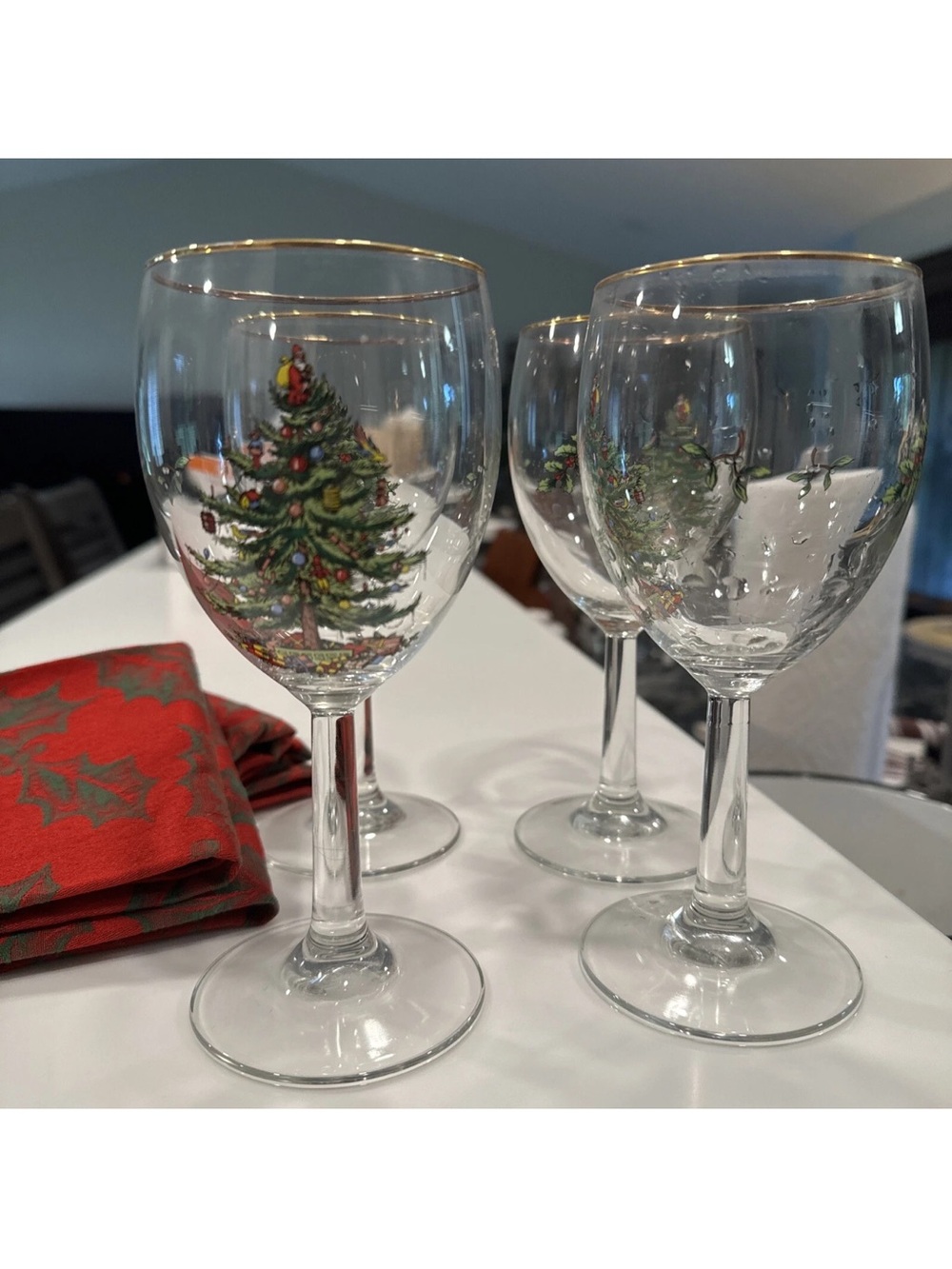 Spode Christmas Tree Wine Goblets with Gold Rim (Clear, Green, Red)